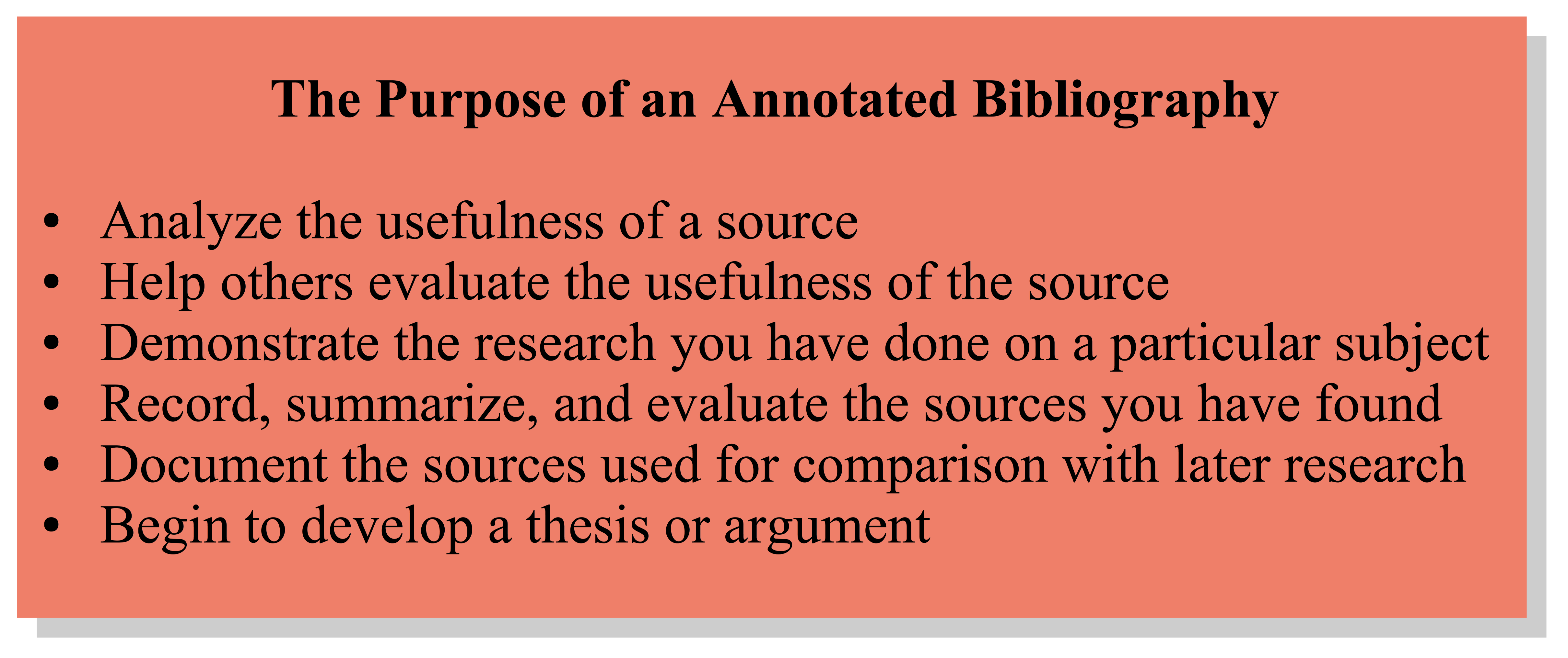 The Purpose of an Annotated Bibliography: Analyze the usefulness of a source, Help others evaluate the usefulness of the source, Demonstrate the research you have done on a particular subject, Record, summarize, and evaluate the sources you have found, Document the sources used for comparison with later research, Begin to develop a thesis or argument.