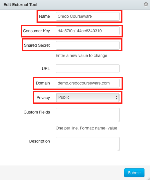Fill in the fields using the Consumer key and secret that Credo gave you.