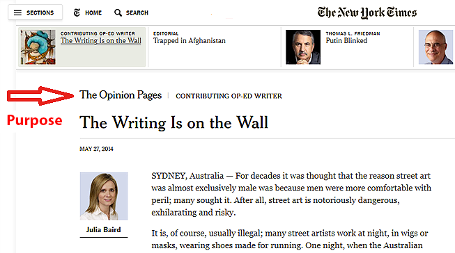 image of the New york times website with an arrow pointing to the phrase opinion page