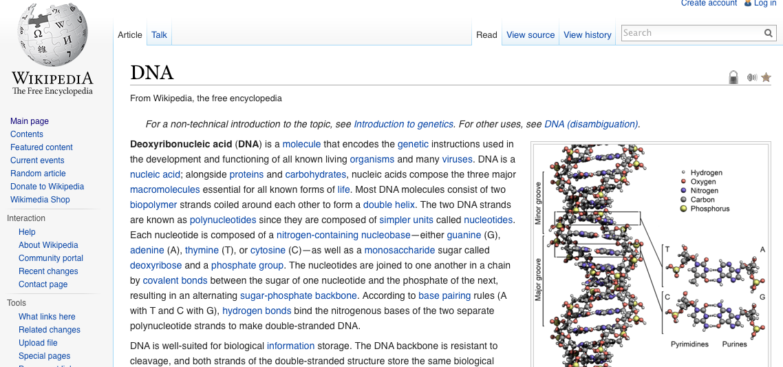 image of the wikipedia article page for dna