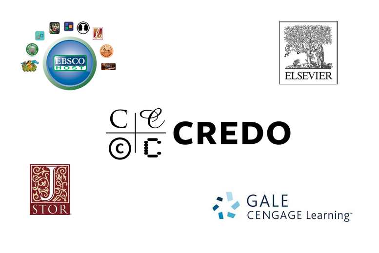 image of collage of library database logos, including credo reference, ebsco, gale, and elsevier.